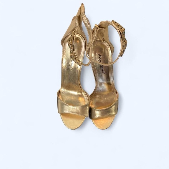Anne Michelle Gold open toe Ankle Strap Heels with animal rhinestone detail 6 - Picture 1 of 7